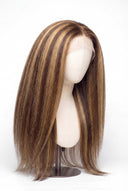 Yaki Straight Glueless Human Hair Wig in Shade 4/27 Riviera Brun, Medium Brown and Honey Blonde Highlights and Lowlights, by Kora Strand