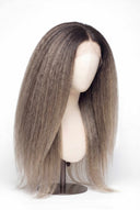 Yaki Straight Glueless Human Hair Wig in Shade T5-9/55 Stone Melt, Rooted Ash Brown to Light Ash Blonde Balayage, by Kora Strand