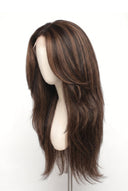 Yaki Straight Layered Glueless Human Hair Wig in Shade 2/6 Espresso Chestnut, Dark and Chestnut Brown Highlights and Lowlights, by Kora Strand