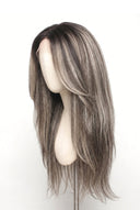 Yaki Straight Layered Glueless Human Hair Wig in Shade T5-5/55 Ash Halo, Rooted Ash Brown with Light Ash Blonde Highlights, by Kora Strand