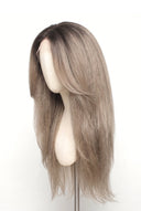 Yaki Straight Layered Glueless Human Hair Wig in Shade T5-9/55 Stone Melt, Rooted Ash Brown to Light Ash Blonde Balayage, by Kora Strand
