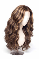 Body Wave Glueless Human Hair Wig in Shade 4/27 Riviera Brun, Medium Brown and Honey Blonde Highlights and Lowlights, by Kora Strand
