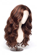 Body Wave Glueless Human Hair Wig in Shade 4/30 Toasted Amber, Medium Brown and Auburn Copper Highlights and Lowlights, by Kora Strand
