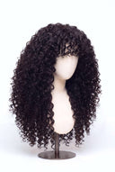 Deep Curl Fringe Glueless Human Hair Wig Showing the Fringe and Defined Texture by Kora Strand