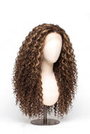 Deep Curl Glueless Human Hair Wig in Shade 6/27 Honeywood, Light Brown and Honey Blonde Highlights and Lowlights, by Kora Strand