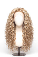 Deep Curl Glueless Human Hair Wig in Shade 613/27 Golden Cream, Light and Honey Blonde Highlights and Lowlights, by Kora Strand