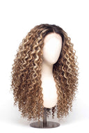 Deep Curl Glueless Human Hair Wig in Shade T4-8/613 Rooted Ivory, Brown-Rooted Blonde Balayage, by Kora Strand