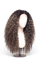 Deep Curl Glueless Human Hair Wig in Shade T5-9/55 Stone Melt, Rooted Ash Brown to Light Ash Blonde Balayage, by Kora Strand