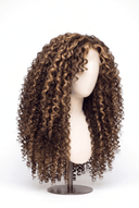 Deep Curl Layered Glueless Human Hair Wig in Shade 4/27 Riviera Brun, Medium Brown and Honey Blonde Highlights and Lowlights, by Kora Strand