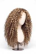 Deep Curl Layered Glueless Human Hair Wig in Shade 6/27 Honeywood, Light Brown and Honey Blonde Highlights and Lowlights, by Kora Strand