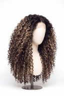Deep Curl Layered Glueless Human Hair Wig in Shade T2-2/18 Espresso Halo, Dark Brown to Warm Beige Blonde Balayage, by Kora Strand