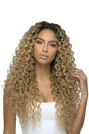 Einteiliges Ultra-flaches Weft-Volumisier-Detail an der nahtlosen Volumenhaarverlängerung mit tiefen Locken von Kora Strand