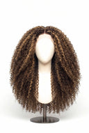 Kinky Curly Glueless Human Hair Wig in Shade 4/27 Riviera Brun, Medium Brown and Honey Blonde Highlights and Lowlights, by Kora Strand