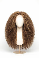 Kinky Curly Glueless Human Hair Wig in Shade 6/27 Honeywood, Light Brown and Honey Blonde Highlights and Lowlights, by Kora Strand