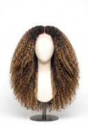 Kinky Curly Glueless Human Hair Wig in Shade T2-2/18 Espresso Halo, Dark Brown to Warm Beige Blonde Balayage, by Kora Strand