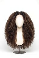 Kinky Curly Glueless Human Hair Wig in Shade T2-2/4/6 Brun Tissé, Multi-Tonal Brunette Highlights and Lowlights, by Kora Strand