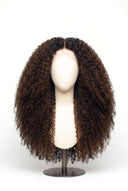 Kinky Curly Glueless Human Hair Wig in Shade T2-2/4 Cocoa Melt, Dark to Medium Brown Highlights and Lowlights, by Kora Strand
