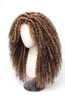 Kinky Curly Layered Glueless Human Hair Wig in Shade 4/27 Riviera Brun, Medium Brown and Honey Blonde Highlights and Lowlights, by Kora Strand
