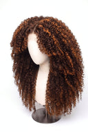 Kinky Curly Layered Glueless Human Hair Wig in Shade 4/30 Toasted Amber, Medium Brown and Auburn Copper Highlights and Lowlights, by Kora Strand