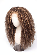 Kinky Curly Layered Glueless Human Hair Wig in Shade 6/27 Honeywood, Light Brown and Honey Blonde Highlights and Lowlights, by Kora Strand