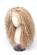 Kinky Curly Layered Glueless Human Hair Wig in Shade 613/27 Golden Cream, Light and Honey Blonde Highlights and Lowlights, by Kora Strand