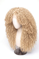 Kinky Curly Layered Glueless Human Hair Wig in Shade 613 Porcelain Gold, Neutral Warm Bleach Blonde, by Kora Strand