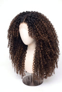 Kinky Curly Layered Glueless Human Hair Wig in Shade T2-2/4 Cocoa Melt, Dark to Medium Brown Highlights and Lowlights, by Kora Strand