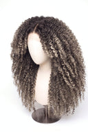 Kinky Curly Layered Glueless Human Hair Wig in Shade T5-5/55 Ash Halo, Rooted Ash Brown with Light Ash Blonde Highlights, by Kora Strand