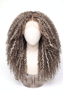Kinky Curly Layered Glueless Human Hair Wig in Shade T5-7/20 Mink Ash, Rooted Dark Ash Blonde Balayage Blend, by Kora Strand