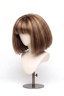 Kinky Straight Bob Fringe Glueless Human Hair Wig in Shade 4/27 Riviera Brun, Medium Brown and Honey Blonde Highlights and Lowlights, by Kora Strand