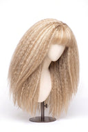 Kinky Straight Fringe Glueless Human Hair Wig in Shade 18/22 Cream Oat, Beige and Vanilla Blonde Highlights and Lowlights, by Kora Strand