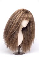 Kinky Straight Fringe Glueless Human Hair Wig in Shade 6/27 Honeywood, Light Brown and Honey Blonde Highlights and Lowlights, by Kora Strand