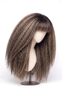 Kinky Straight Fringe Glueless Human Hair Wig in Shade T2-2/18 Espresso Halo, Dark Brown to Warm Beige Blonde Balayage, by Kora Strand