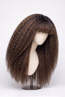 Kinky Straight Fringe Glueless Human Hair Wig in Shade T2-2/4 Cocoa Melt, Dark to Medium Brown Highlights and Lowlights, by Kora Strand