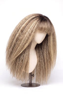 Kinky Straight Fringe Glueless Human Hair Wig in Shade T4-8/613 Rooted Ivory, Brown-Rooted Blonde Balayage, by Kora Strand