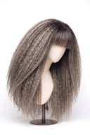 Kinky Straight Fringe Glueless Human Hair Wig in Shade T5-5/55 Ash Halo, Rooted Ash Brown with Light Ash Blonde Highlights, by Kora Strand
