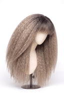 Kinky Straight Fringe Glueless Human Hair Wig in Shade T5-9/55 Stone Melt, Rooted Ash Brown to Light Ash Blonde Balayage, by Kora Strand