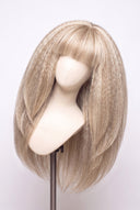 Kinky Straight Fringe Layered Glueless Human Hair Wig in Shade 18/60 Pearl Grain, Beige and Creamy Blonde Highlights and Lowlights, by Kora Strand