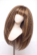 Kinky Straight Fringe Layered Glueless Human Hair Wig in Shade 4/27 Riviera Brun, Medium Brown and Honey Blonde Highlights and Lowlights, by Kora Strand