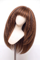 Kinky Straight Fringe Layered Glueless Human Hair Wig in Shade 4/30 Toasted Amber, Medium Brown and Auburn Copper Highlights and Lowlights, by Kora Strand