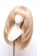 Kinky Straight Fringe Layered Glueless Human Hair Wig in Shade 613 Porcelain Gold, Neutral Warm Bleach Blonde, by Kora Strand