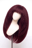 Kinky Straight Fringe Layered Glueless Human Hair Wig in Shade 99J Wine Ink, Deep Burgundy Wine Red, by Kora Strand