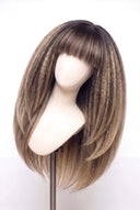 Kinky Straight Fringe Layered Glueless Human Hair Wig in Shade T2-2/18 Espresso Halo, Dark Brown to Warm Beige Blonde Balayage, by Kora Strand