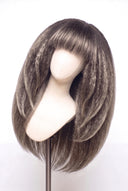 Kinky Straight Fringe Layered Glueless Human Hair Wig in Shade T5-5/55 Ash Halo, Rooted Ash Brown with Light Ash Blonde Highlights, by Kora Strand