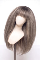 Kinky Straight Fringe Layered Glueless Human Hair Wig in Shade T5-7/20 Mink Ash, Rooted Dark Ash Blonde Balayage Blend, by Kora Strand