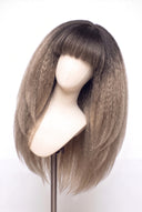 Kinky Straight Fringe Layered Glueless Human Hair Wig in Shade T5-9/55 Stone Melt, Rooted Ash Brown to Light Ash Blonde Balayage, by Kora Strand