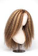 Kinky Straight Glueless Human Hair Wig in Shade 4/27 Riviera Brun, Medium Brown and Honey Blonde Highlights and Lowlights, by Kora Strand