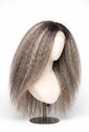 Kinky Straight Glueless Human Hair Wig in Shade T5-5/55 Ash Halo, Rooted Ash Brown with Light Ash Blonde Highlights, by Kora Strand