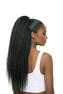 Kinky Straight Kora Klammer-Pferdeschwanz, der die Haartextur und die Länge von Kora Strand zeigt
