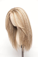 Kinky Straight Layered Glueless Human Hair Wig in Shade 18/22 Cream Oat, Beige and Vanilla Blonde Highlights and Lowlights, by Kora Strand
